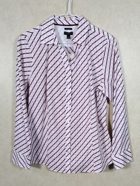 H174 Talbots Burgundy And Pink Wrinkle Resistant Button Up Shirt 12P NWT
